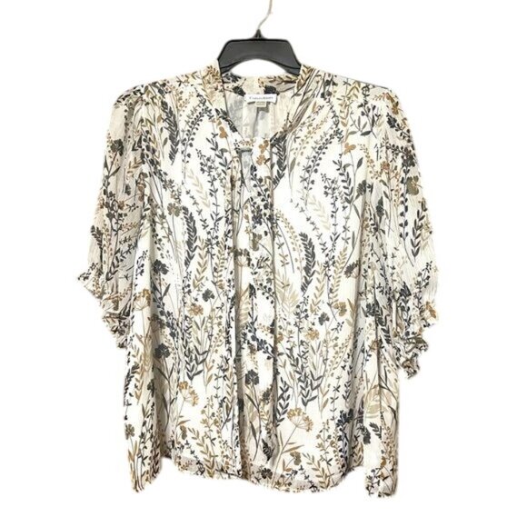 Calvin Klein Neck Tie White Floral Short Sleeve Blouse Lightweight Plus Size 2X - Picture 1 of 3